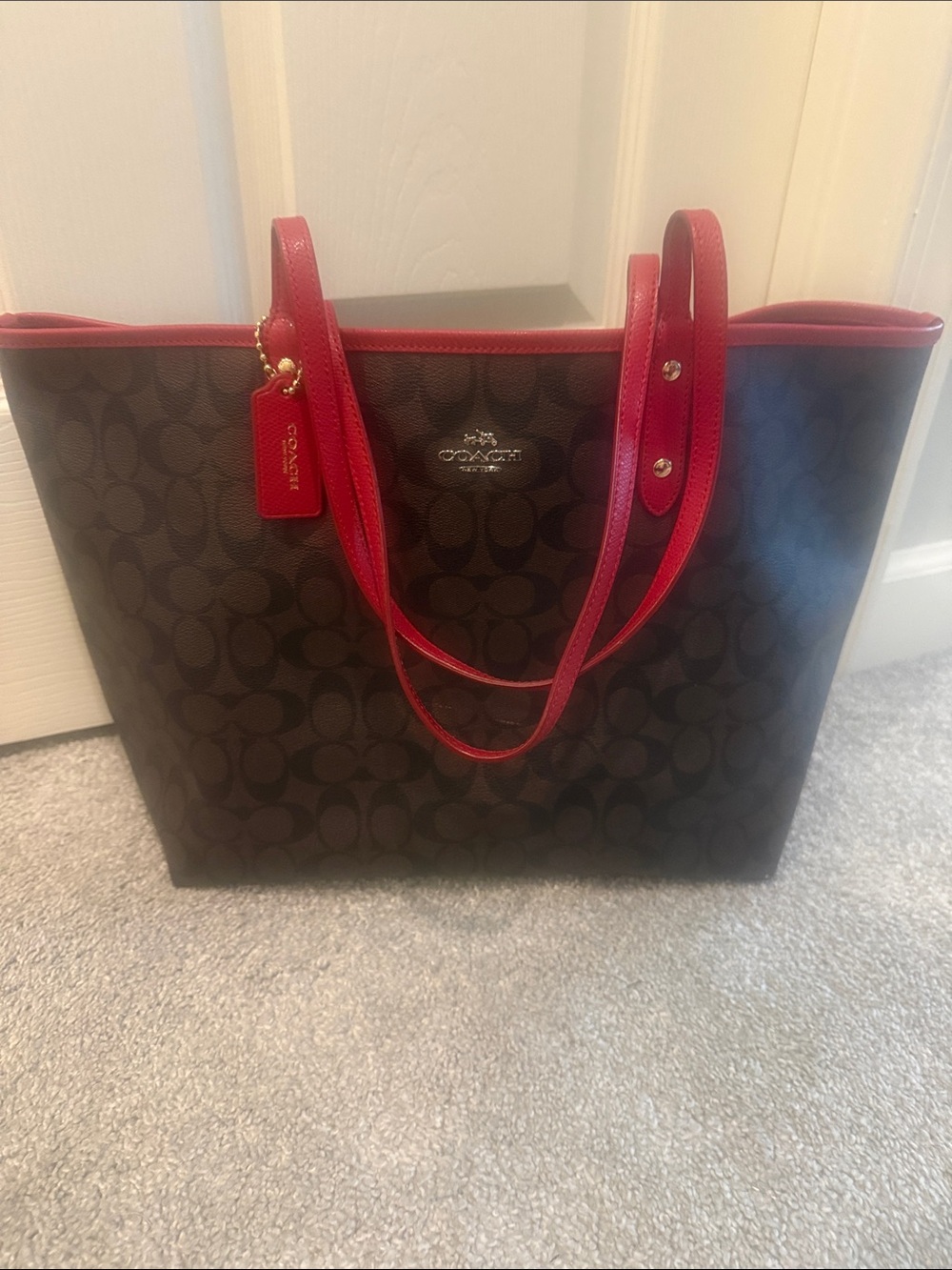 Coach Brown Signature Canvas Tote with Red Trim and Straps and Reversible to Red